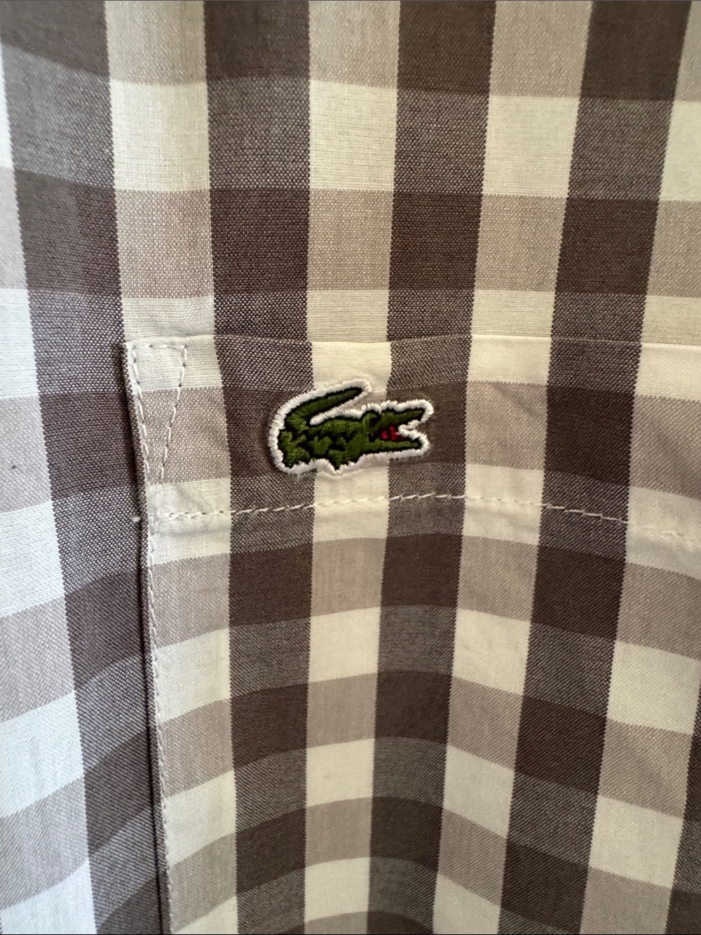 Lacoste Men's Gray and White Gingham Button-Down Shirt with Crocodile Patch